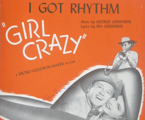 Sheet music for "I Got Rhythm" advertising the film Girl Crazy, featuring Mickey Rooney and Judy Garland.