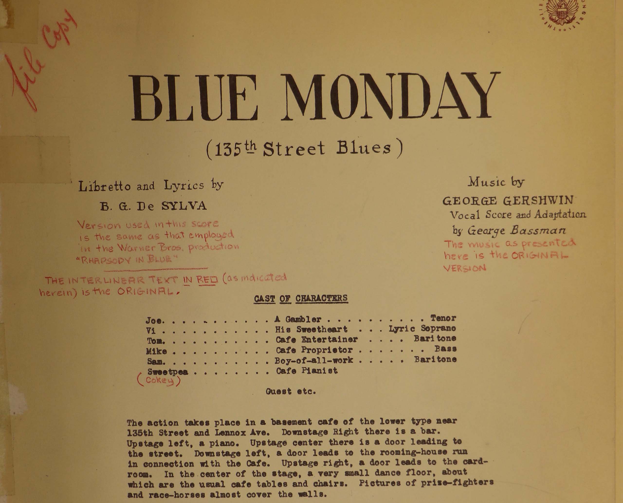 Title page of Blue Monday vocal score, annotating alterations, in the Library of Congress.