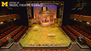 Zoom background, set for All My Sons in Arthur Miller Theatre.