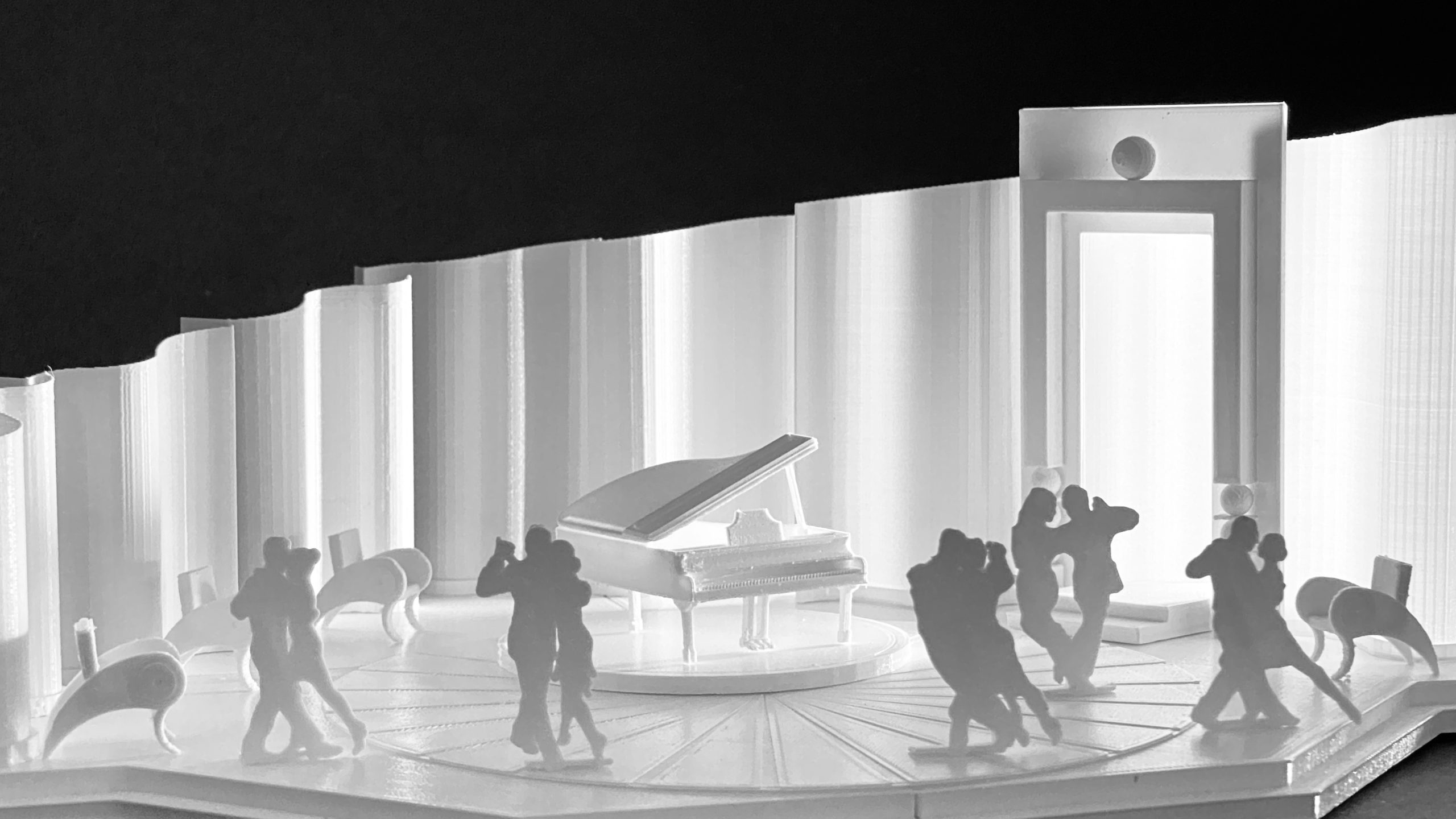 Scenery design model of stage with grand piano and couples dancing