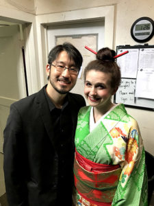 Eiki and Monica Isomura backstage at Opera in the Heights' original co-production with Pacific Opera Project of a bilingual (Japanese-English) adaptation of Madama Butterfly