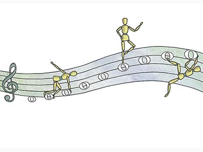 Illustration of wooden pose figures dancing across a line of music.