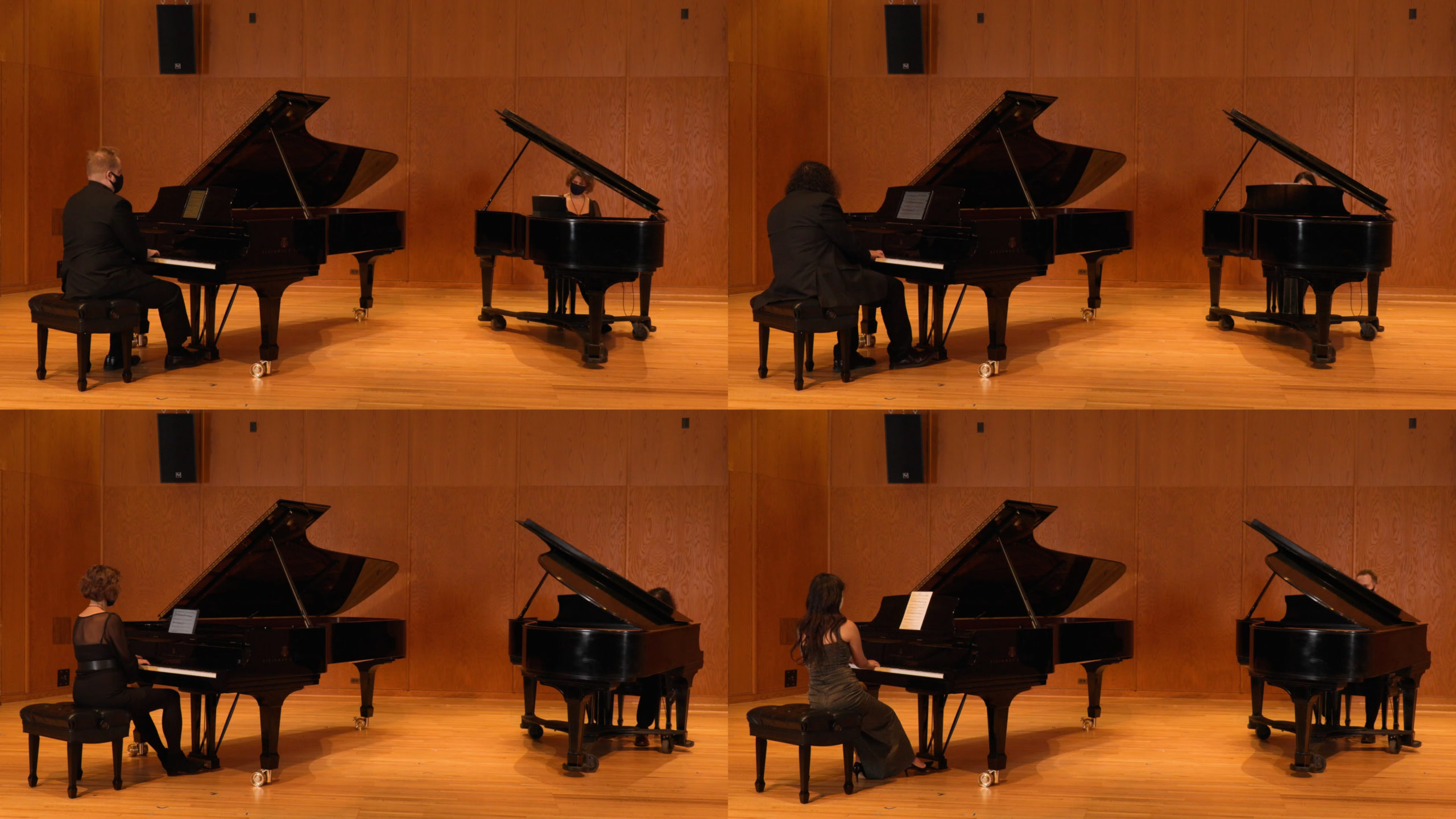 Compound image showing two open grand pianos in Britton Recital Hall at a time with a different configuration of performers in each version.