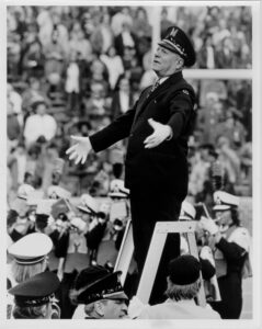 William D. Revelli, conducting the Marching Band at Michigan Stadium, 1969.