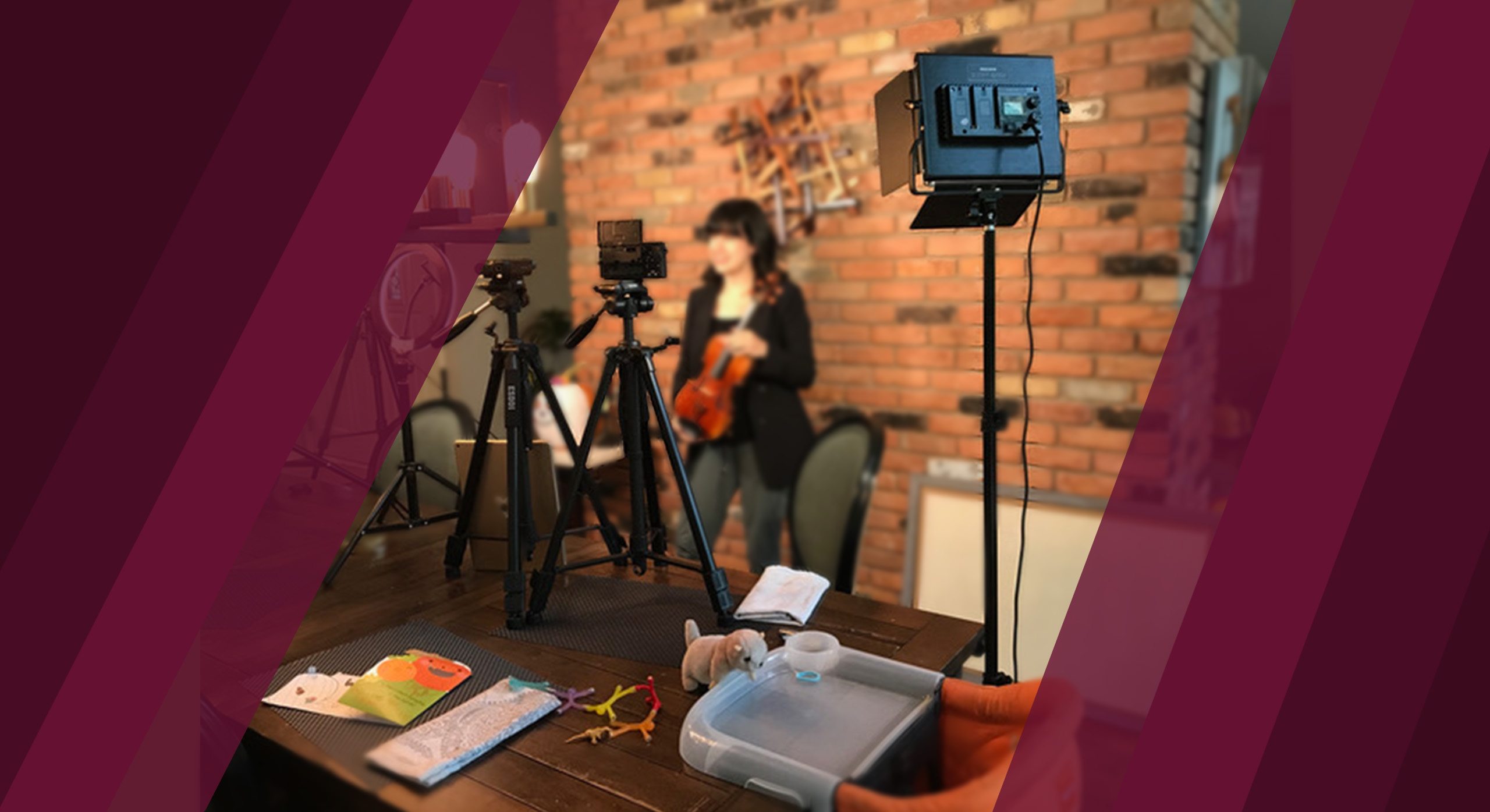 A string player self-records an audition at home.