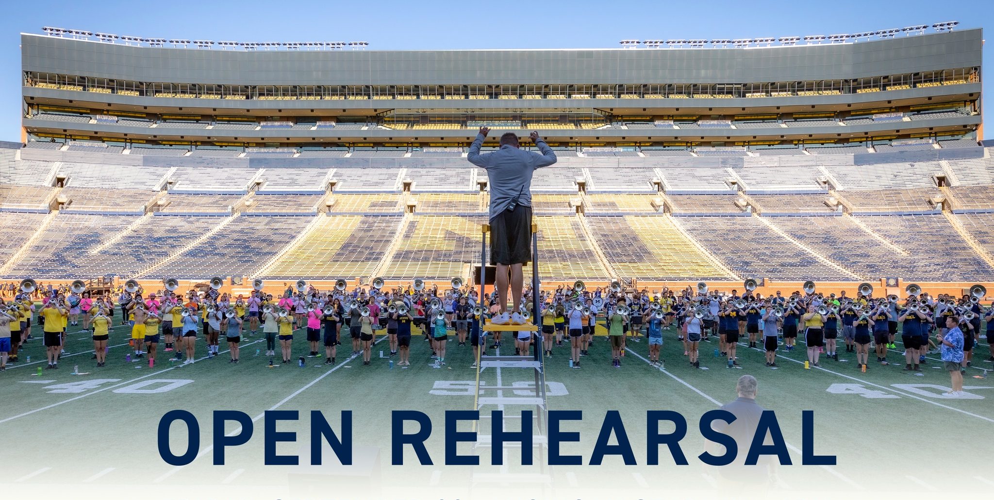 Open Rehearsal, Friday September 22 - Michigan Stadium - 6pm. Photo of MMB rehearsal in an empty Michigan Stadium.