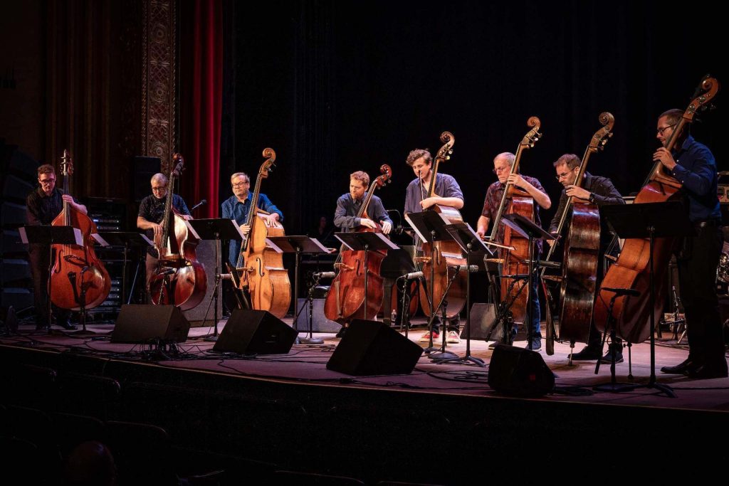 Eight bass players stand in performance on a dark stage
