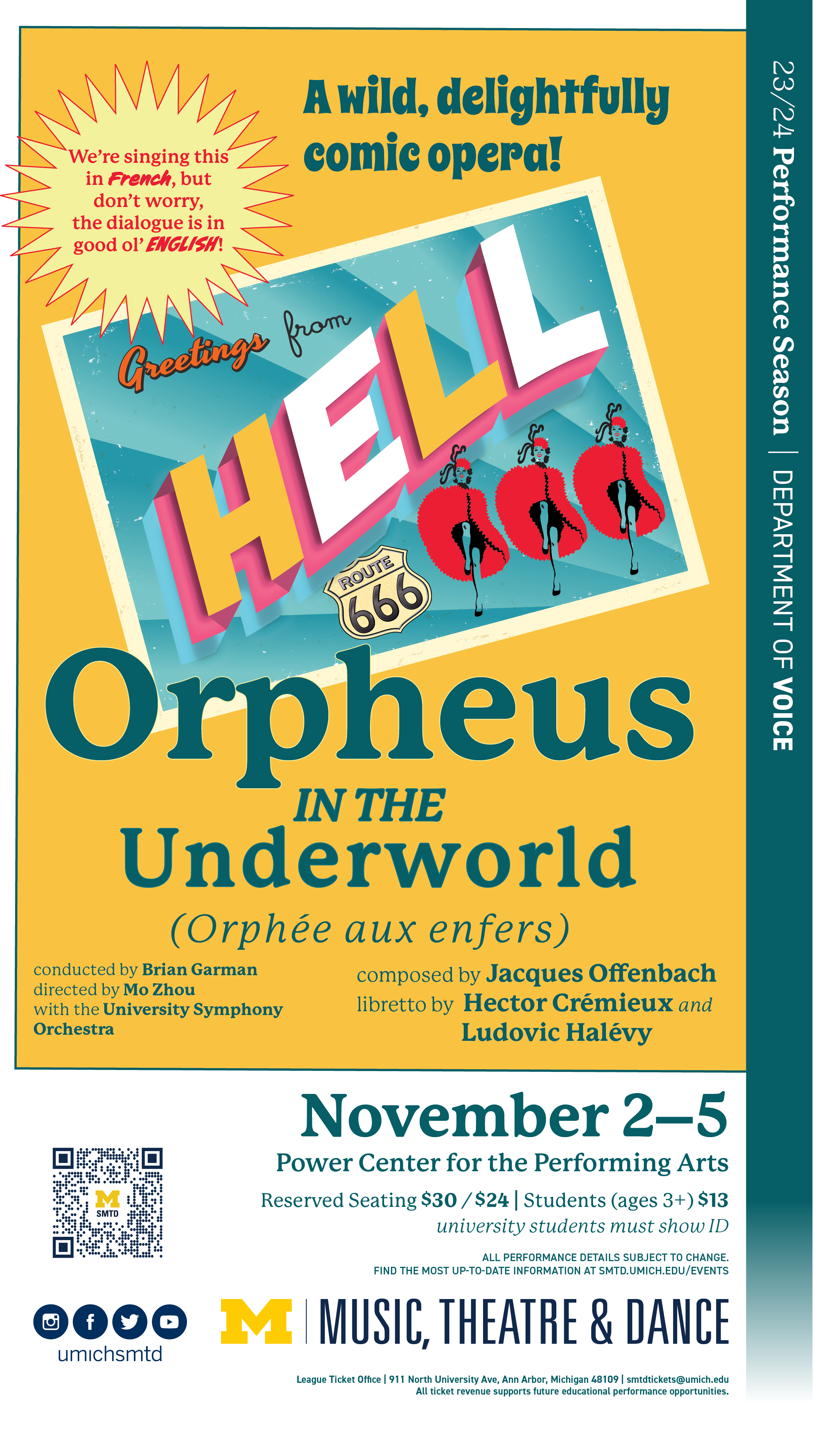 A vintage-style postcard that reads "Greetings from Hell" on a bright yellow background witht the text Orpheus in the Underworld and performance details.
