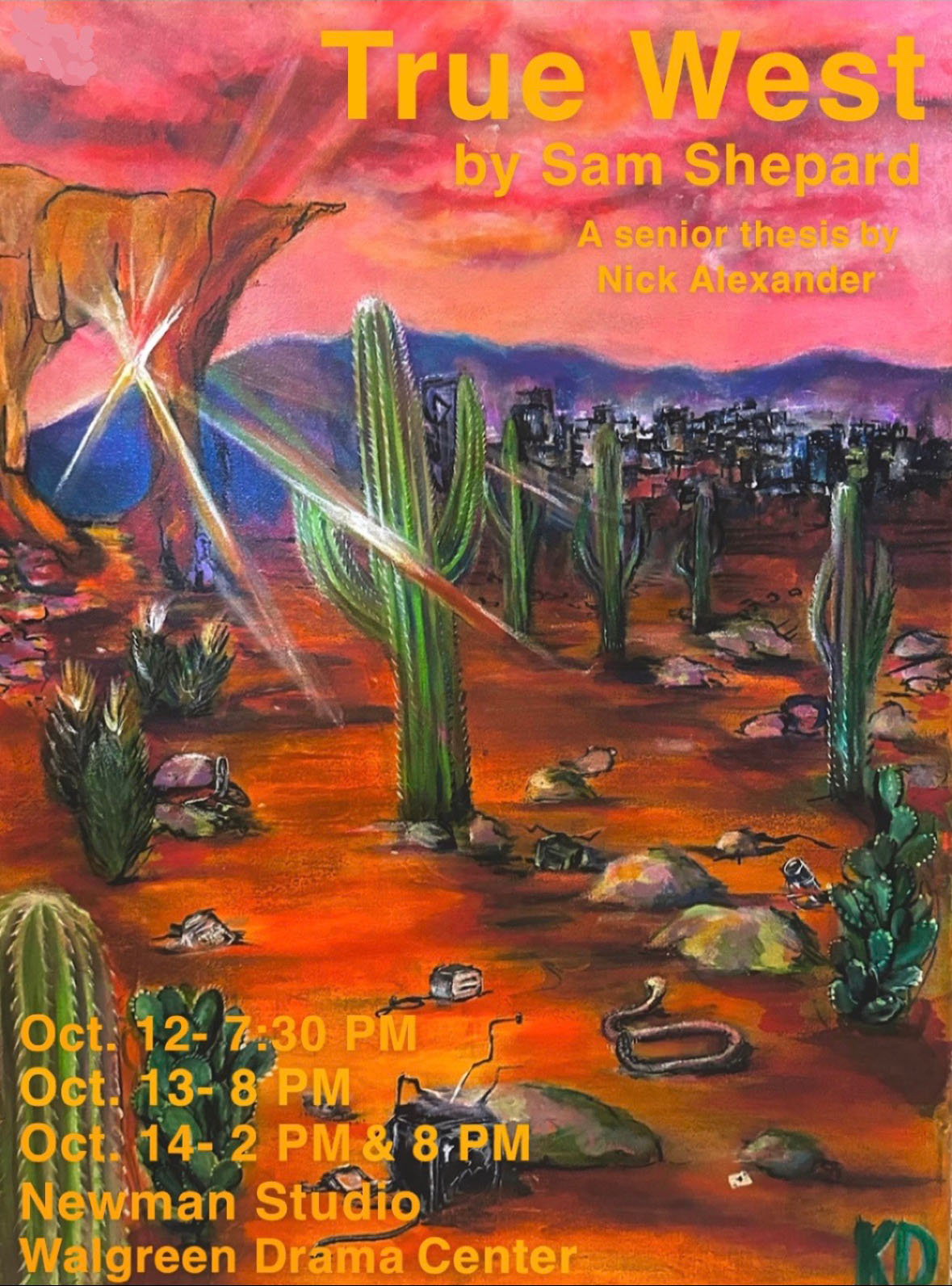 Poster for "True West" performances, with vibrant desert scene artwork