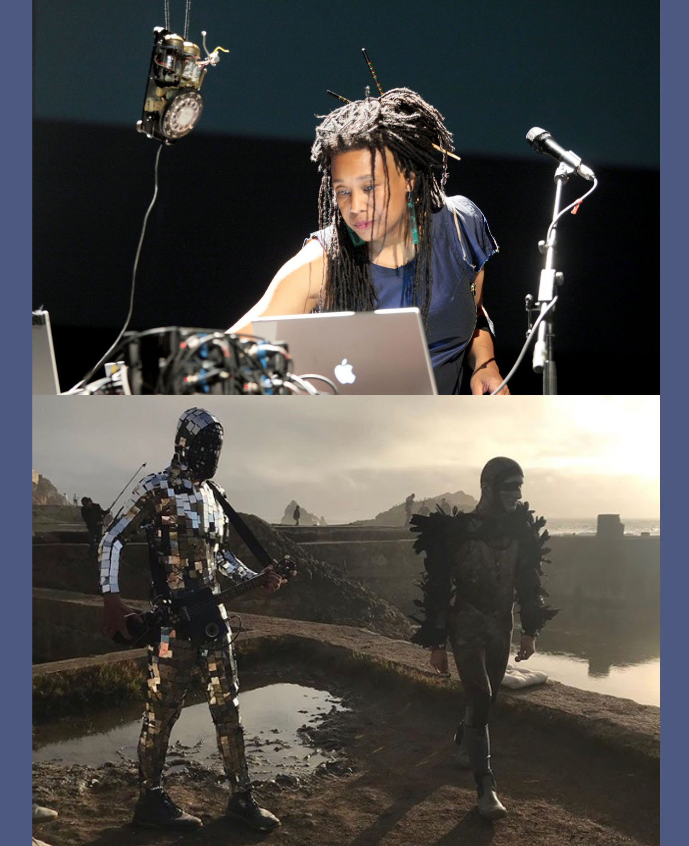 Composite photos: A musician works at a tech station; Two performers in full body futuristic costume outdoors