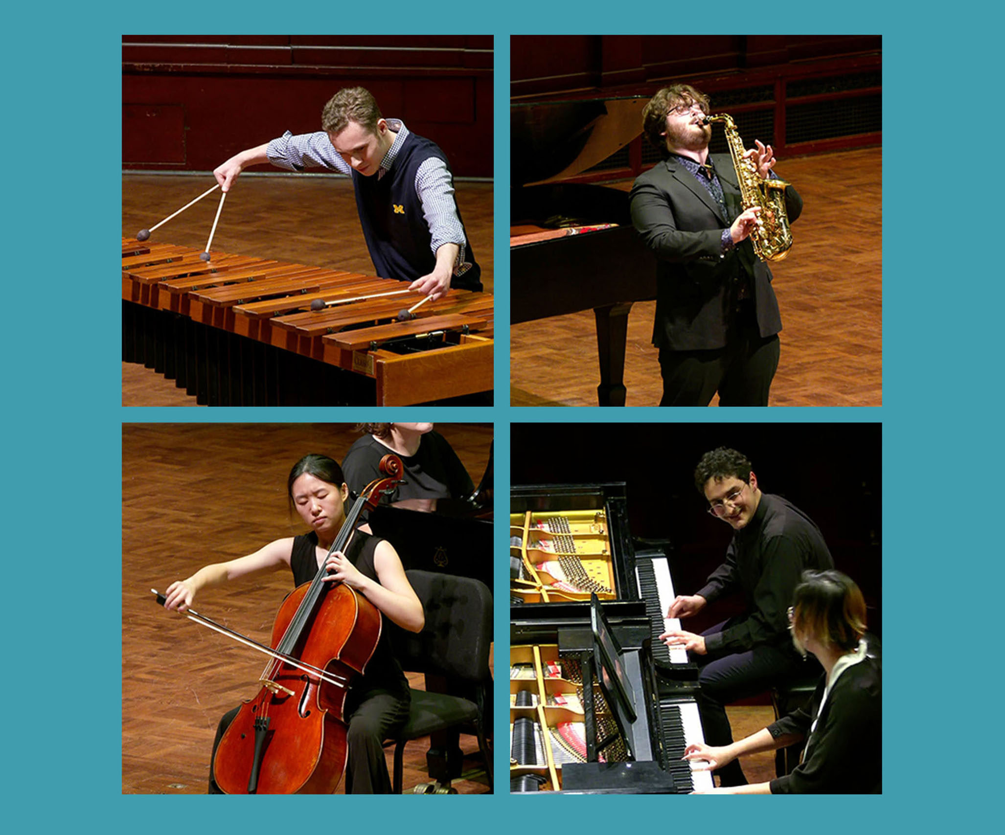 Composite image of 4 winners performing on percussion, saxophone, cello, and piano