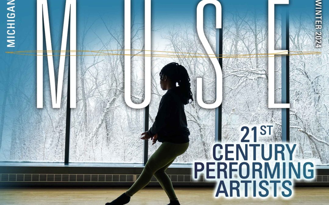 Michigan Muse Winter 2024, "21st Century Performing Artists" - Dancer and tall studio windows with snowy trees outside