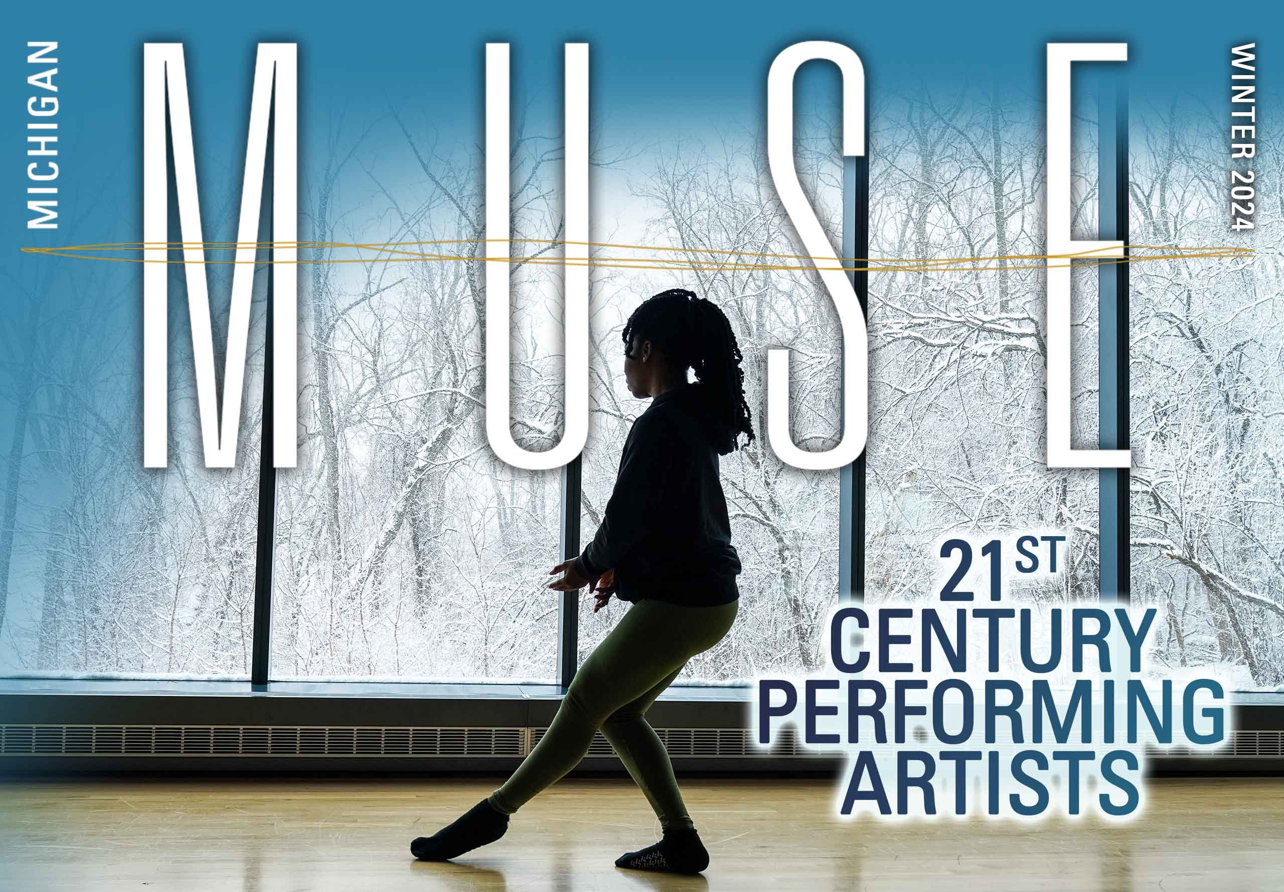 Michigan Muse Winter 2024, "21st Century Performing Artists" - Dancer and tall studio windows with snowy trees outside
