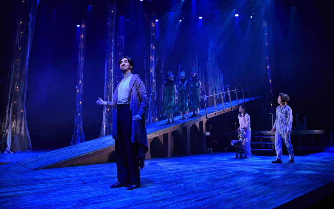 Nathan Goldberg performs with other actors on a blue-lit forest scene on stage