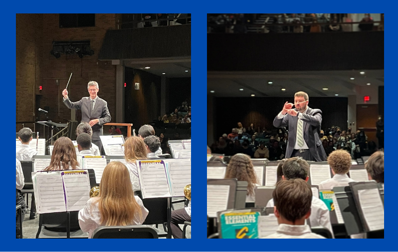 Two photos over a blue background, each with a conductor wearing a suit and conducting a youth band; photos taken from the stage