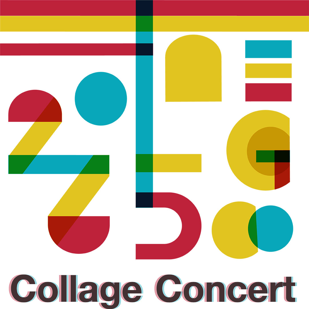 Collage Concert - title graphic with abstract shapes, layered colors and obscured "25"