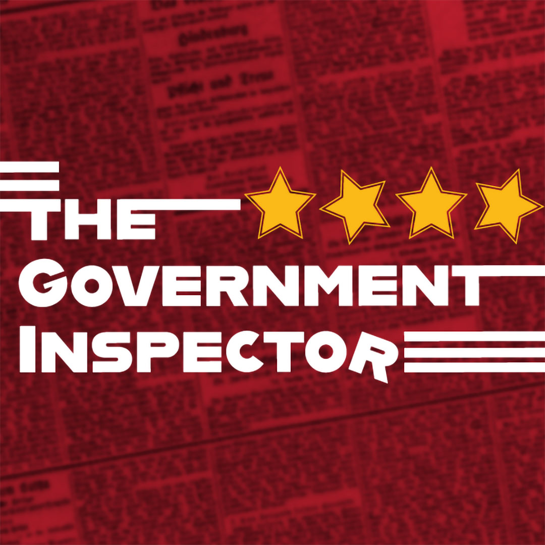 THE GOVERNMENT INSPECTOR - title logo with playful yellow stars and a red newsprint background