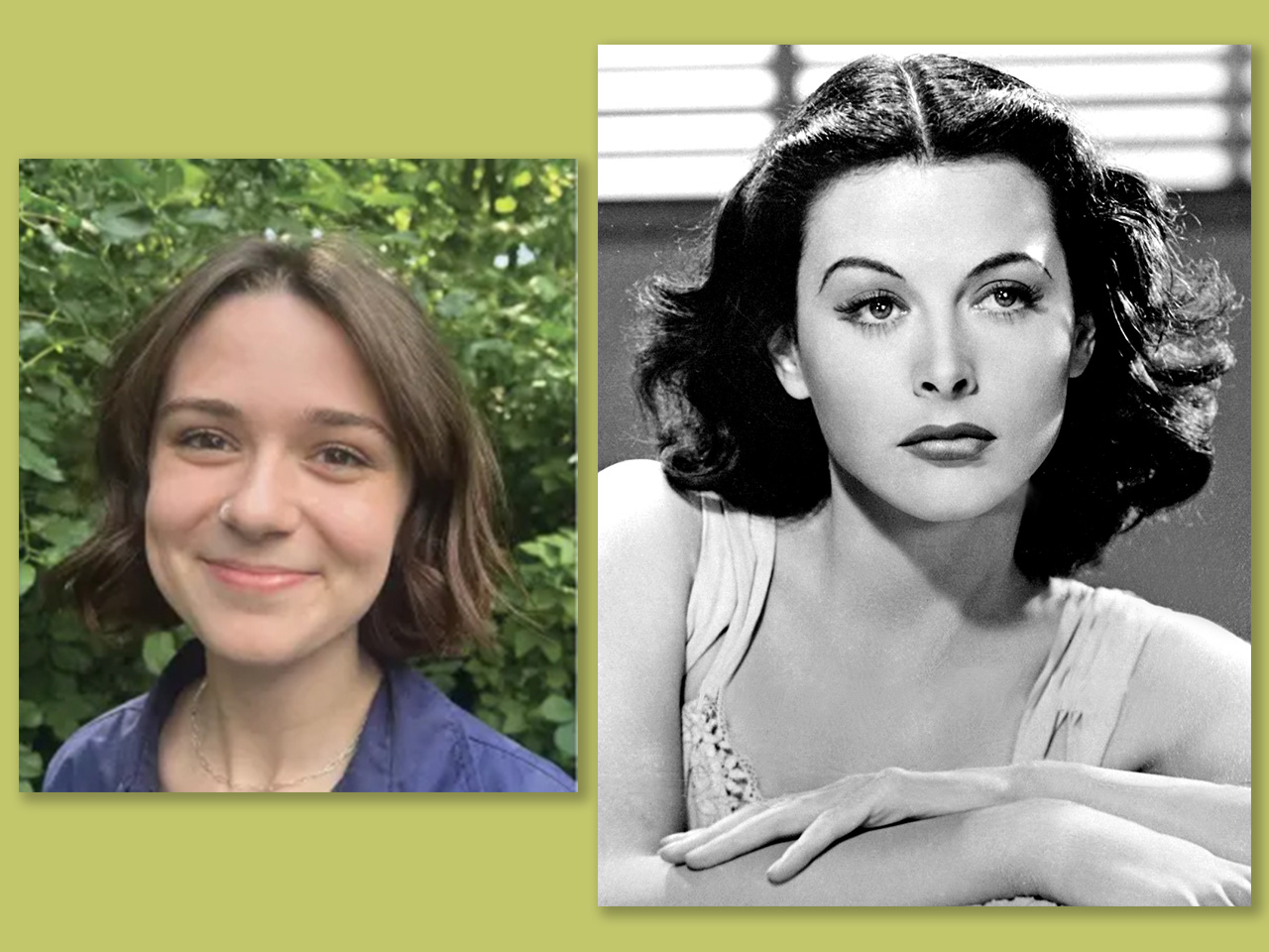 Composite of two headshots with lime green background; SMTD student Emelia Piane and Hedy Lamarr in the 1940s