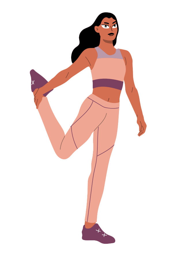 Illustrated figure stands in workout attire, holding their ankle behind them in a stretch