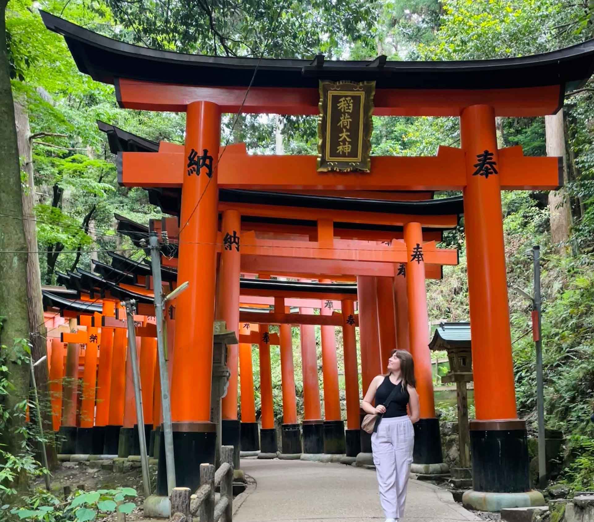 Ellie Van Engen walks under the large red structures and trees at Fushimi Inari-Taisha shrine in Kyoto