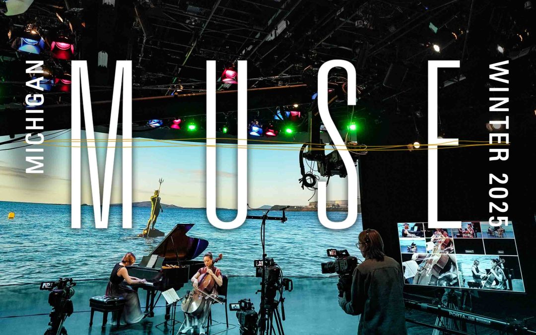 Michigan Muse Winter 2025 logo - background image of performers in a recording session against a large digital screen with a horizon of water