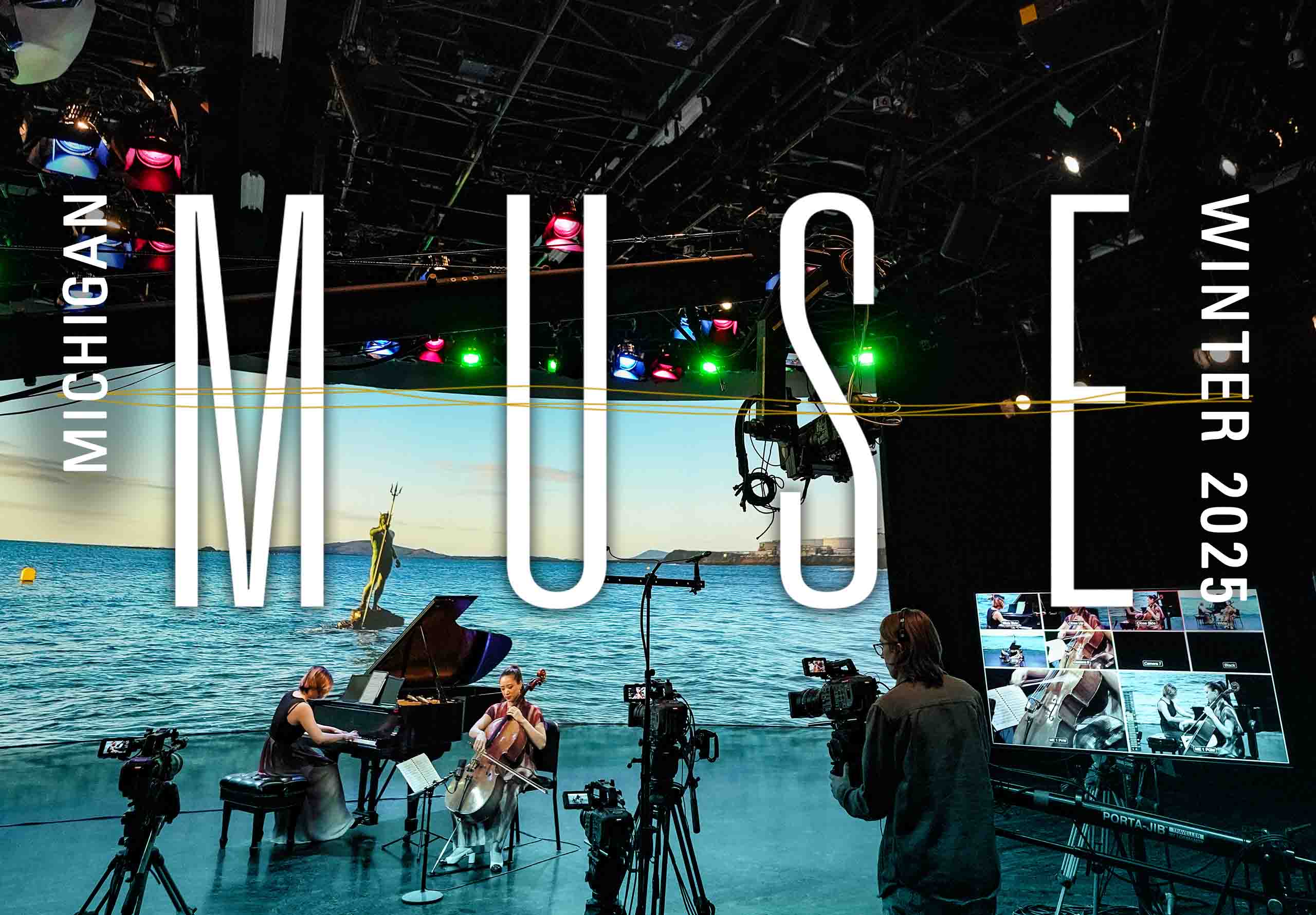 Michigan Muse Winter 2025 logo - background image of performers in a recording session against a large digital screen with a horizon of water