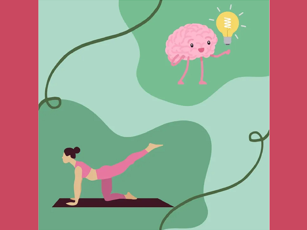 The graphic depicts a woman in pink clothes doing yoga and a cartoon brain holding up a glowing lightbulb.