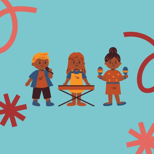 Graphic depictions of three Latinx children show them playing instruments: one with a microphone, one with a keyboard, and one with maracas. Reddish swirls decorate the blue background.