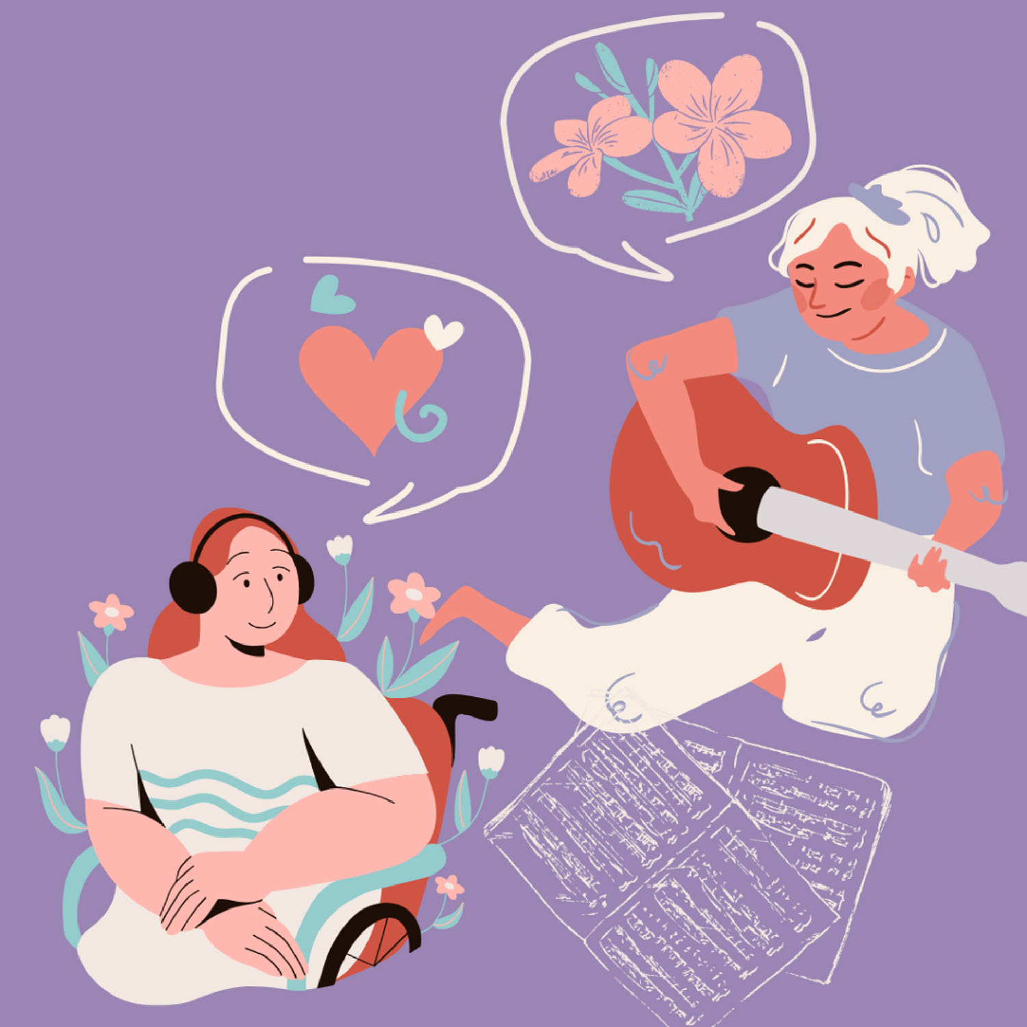 Two graphics of women pop out against a light purple background decorated with flowers. One plays a guitar while the other in a wheelchair listens to music through headphones.