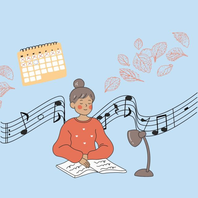 A woman in an orange sweater sits with an open notebook, eyes closed and smiling. Music notes, falling leaves, and a calendar decorate the blue background.