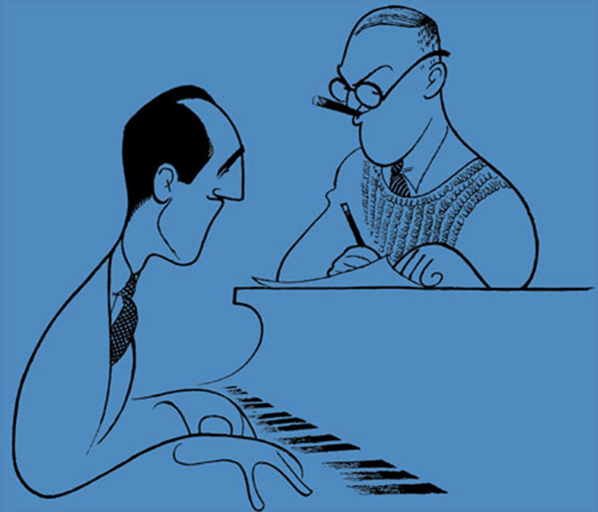 Illustration of the Gershwins at a piano with blue background