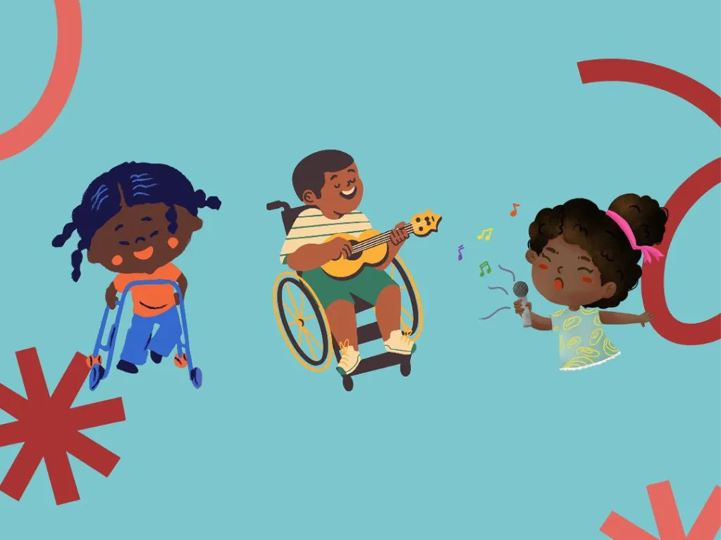 This graphic image depicts drawings of three children. One is smiling and using a mobility aid, one is playing guitar and using a wheelchair, and one is singing into a microphone. The background is light blue with red and corral-colored swirls.