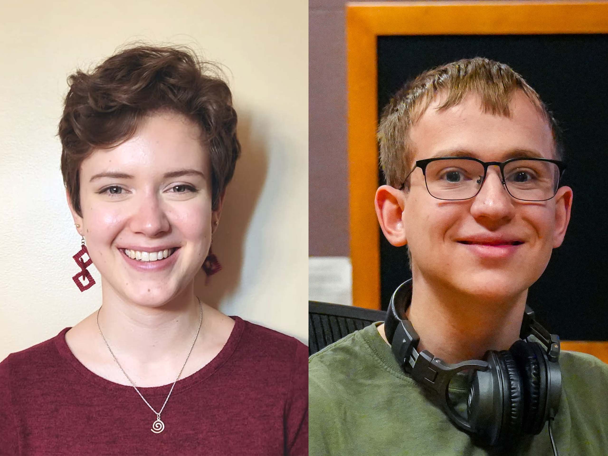 Composite of two headshots. Nora Farley wears a blouse and earrings in dark red. Stephen Elsinger wears a green t-shirt and headphones around the neck.