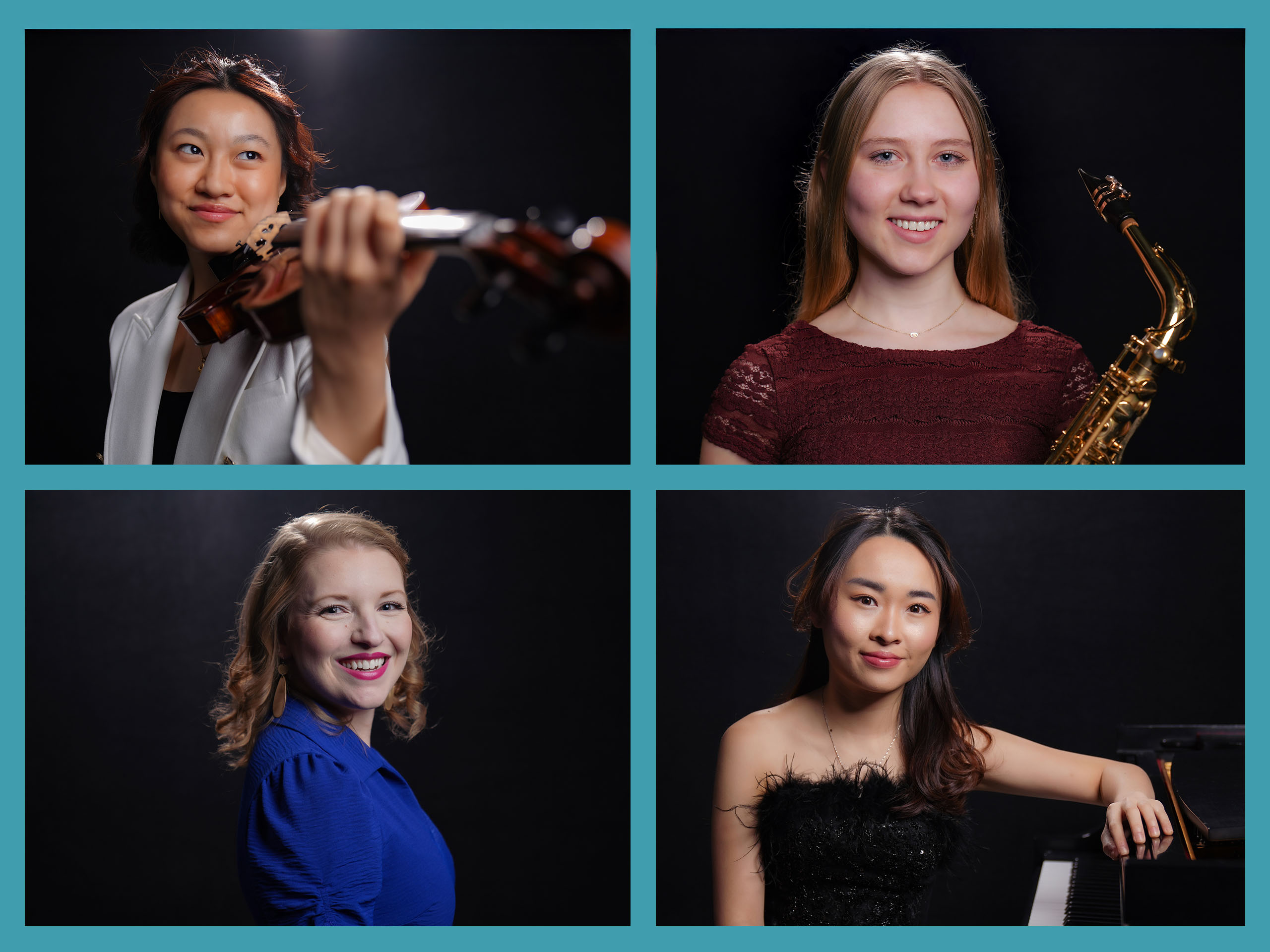 Composite of 4 headshots of the Concerto Competition winners, with black backgrounds and teal borders