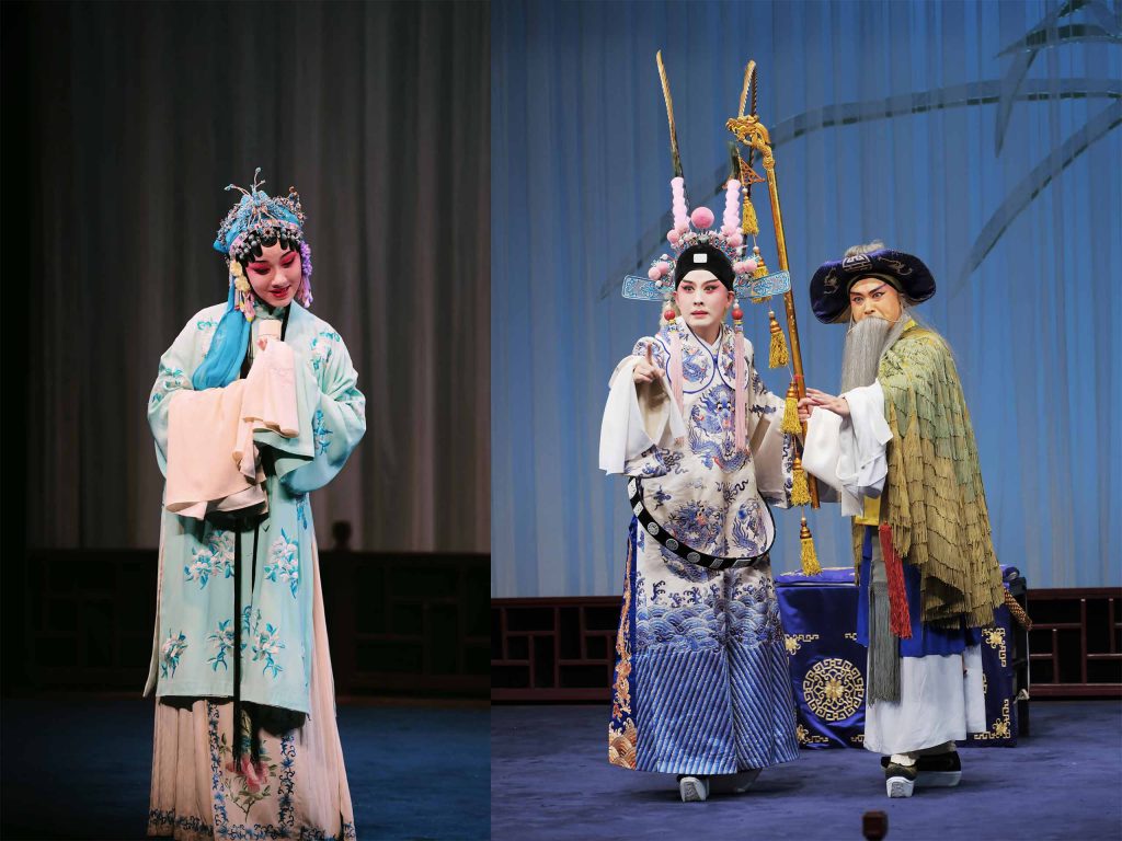 Combination of two photos: a single actor and two actors perform on stage in traditional Chinese Kunqu costumes