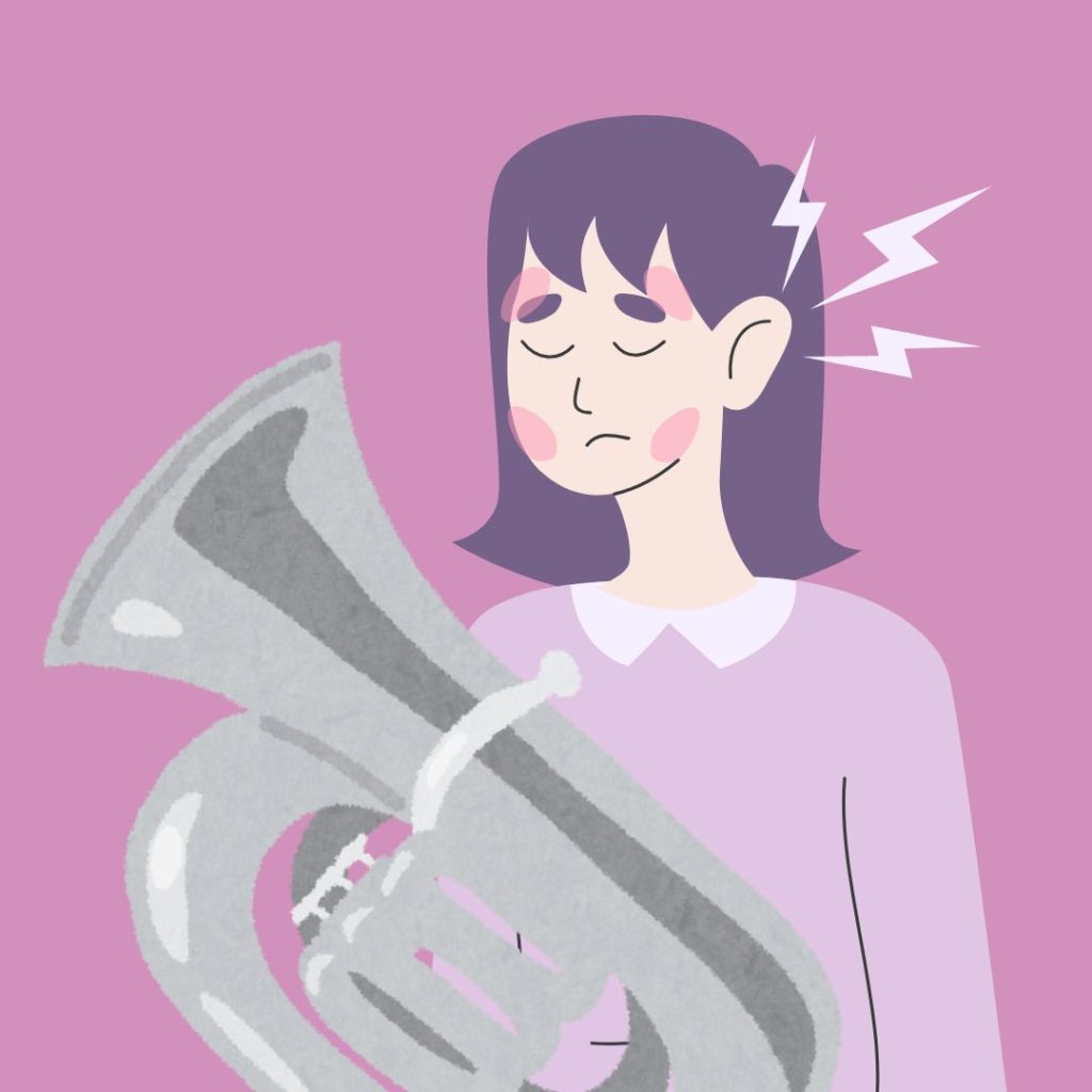 The graphic shows a girl frowning, with closed eyes and red marks indicating pain at the jaw and temples. She wears a light purple shirt and holds a silver euphonium.