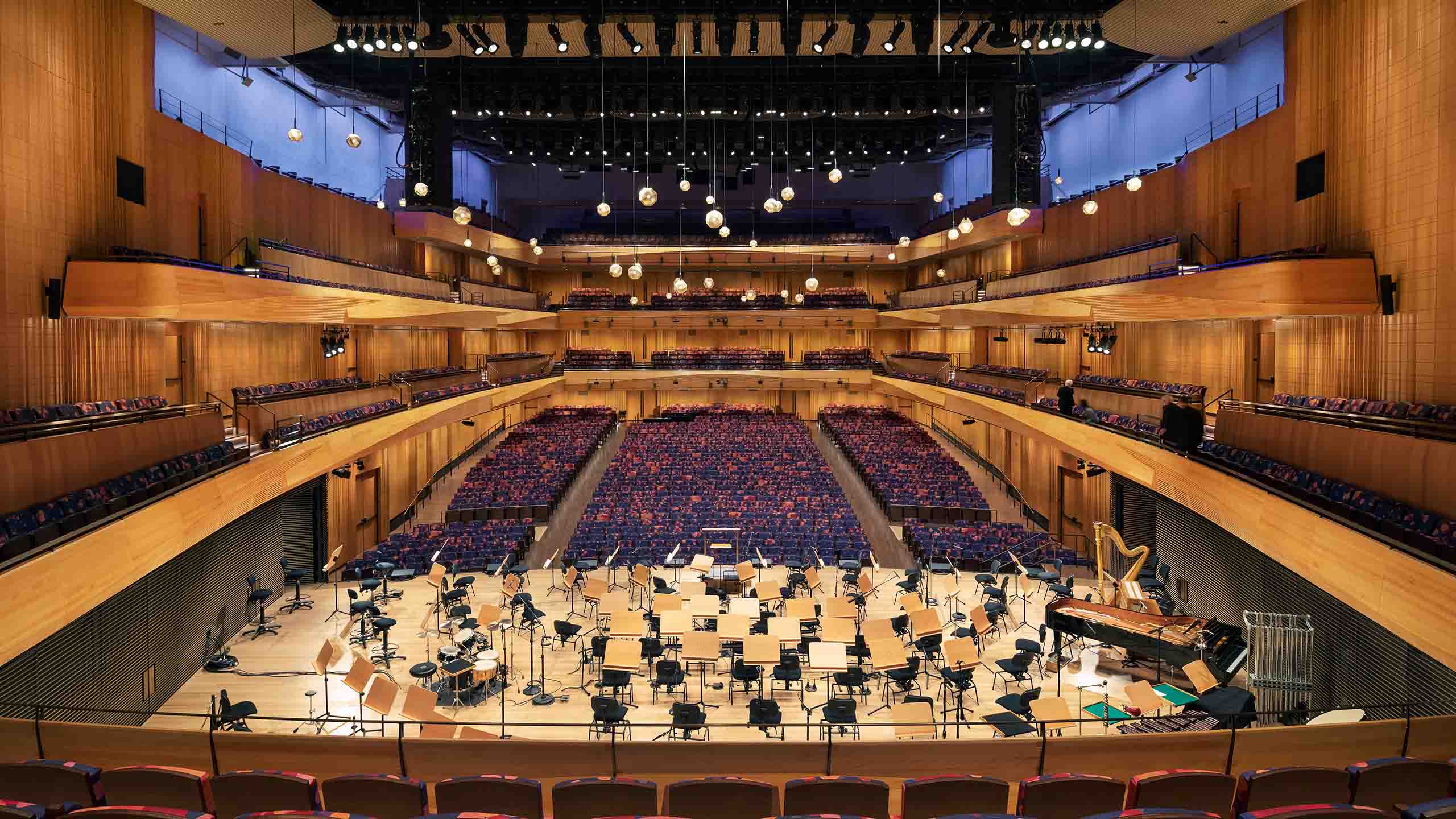 Interior of a large, empty concert hall at Lincoln Center