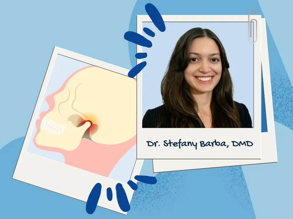 An image of Dr. Stefany Barbar, DMD is set within a polaroid graphic frame alongside another polaroid frame with a graphic of the human skull using red marks to indicate TMD pain.