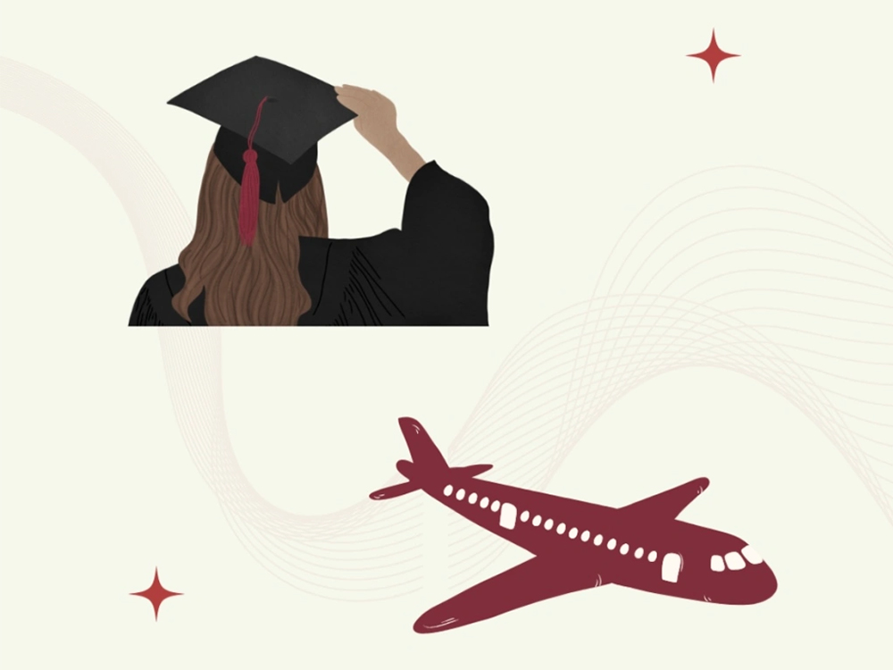 The graphic depicts a woman wearing a graduation cap and gown. Alongside it, there is a maroon airplane image. The background is cream with maroon decals.