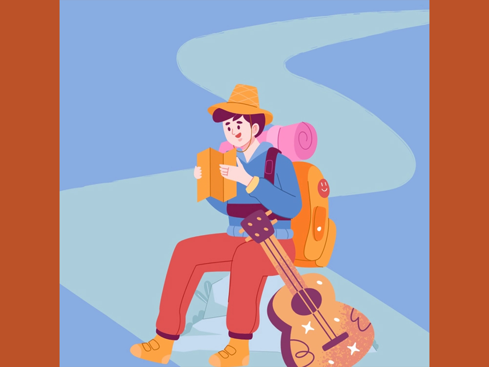 A man wearing a backpack has a guitar by his side and his reading a map to prepare for a new journey ahead.