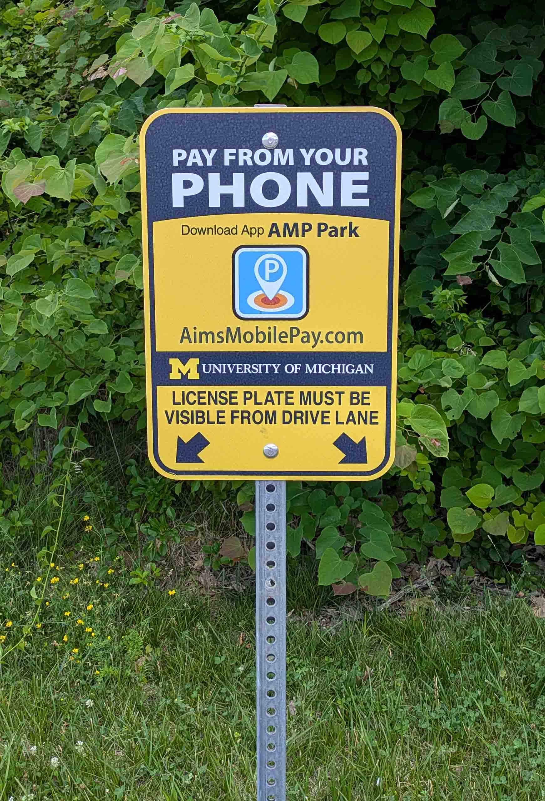 AMP Park Pay by Phone visitor sign A yellow parking sign reads: Pay from your Phone - Download App AMP Park, AimsMobilePay.com. License Plate Must be Visible from Drive Lane.