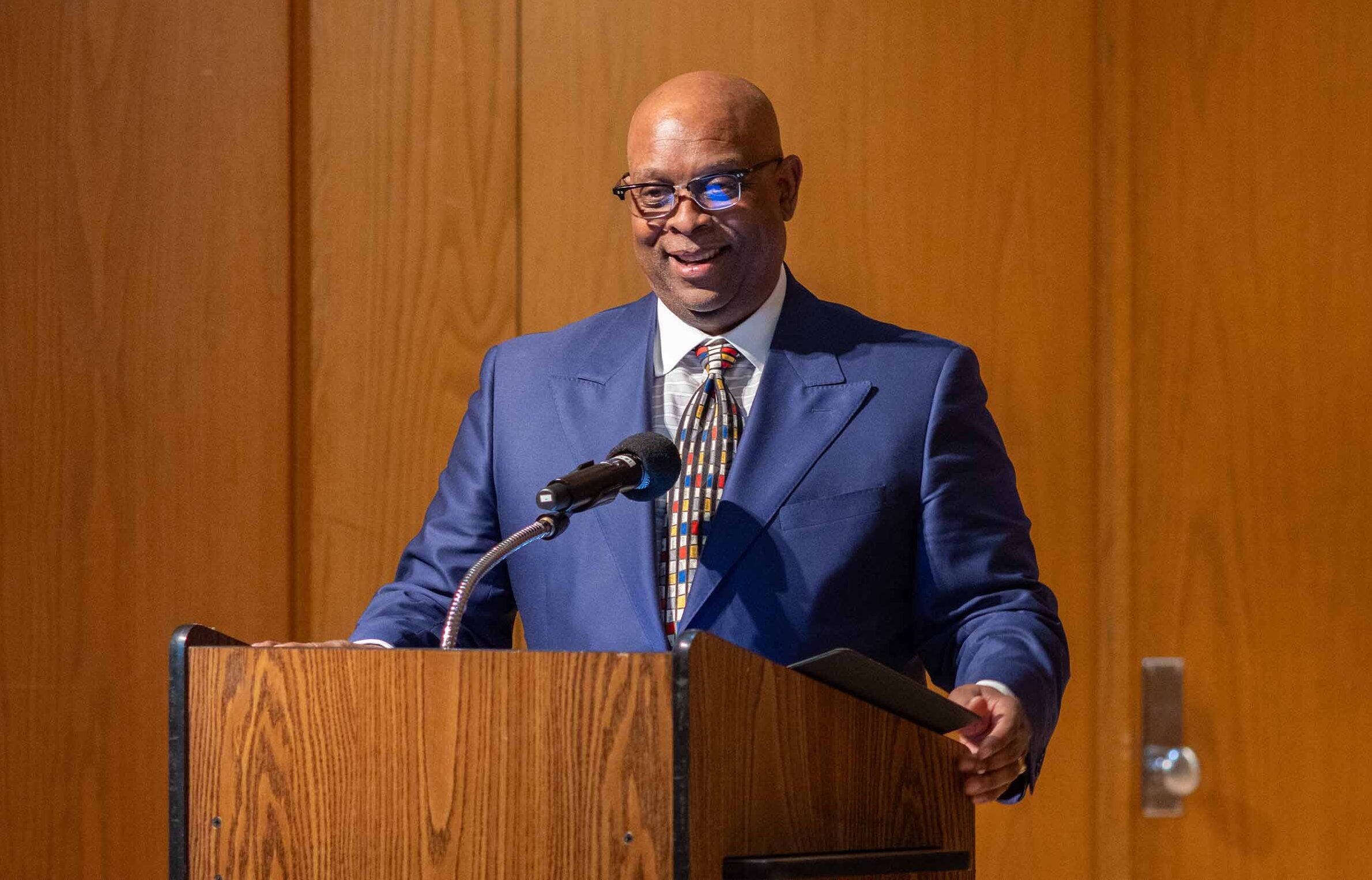GSVC Donor James Rose speaks at a podium during the 2025 George Shirley Vocal Competition.