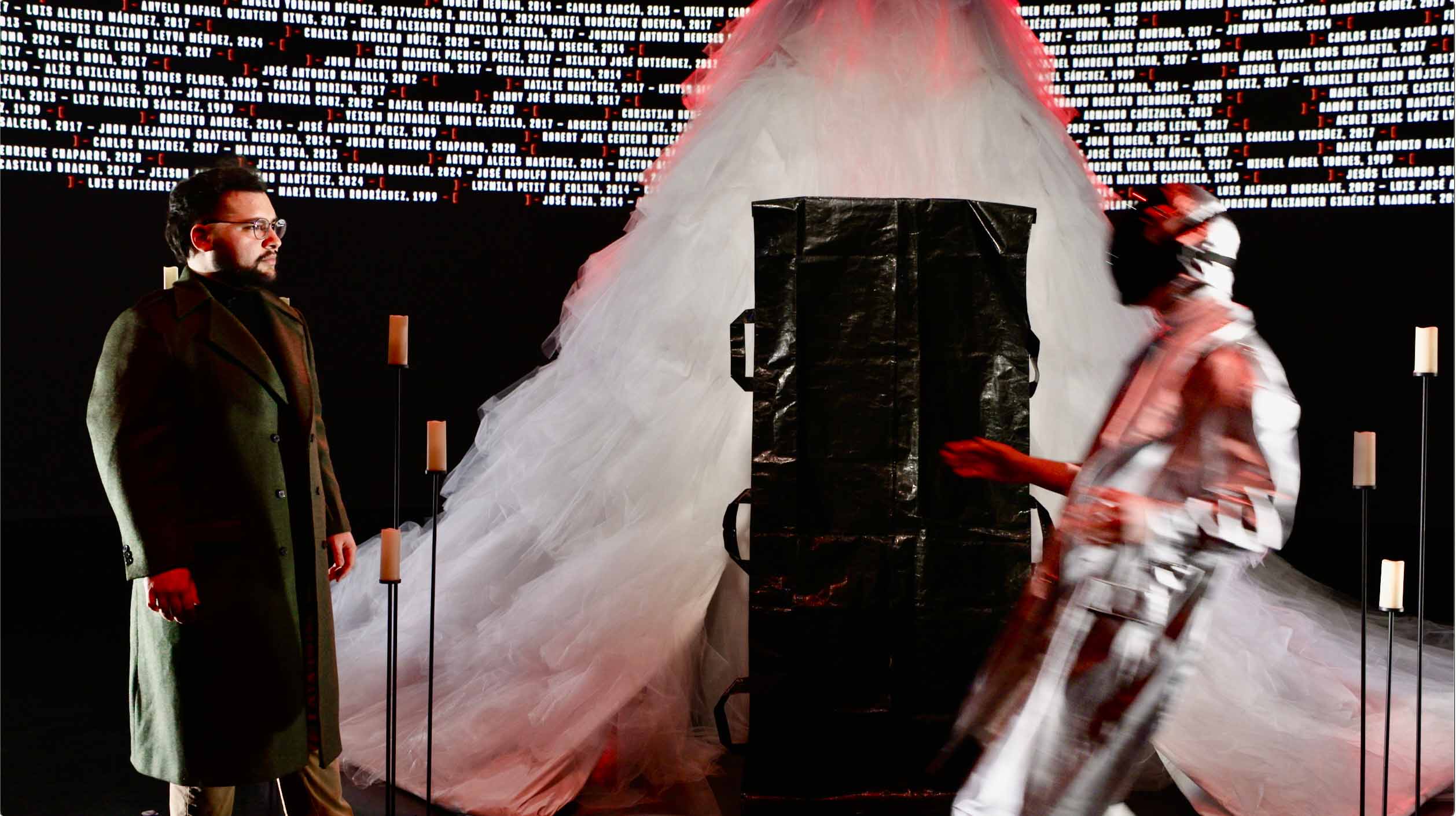 Alfredo Cabrera and Adri Friebel premiere of SHOOT violence in Venezuela Two actors perform in modern sci-fi like costume and scenery - glowing or projected words fill the black background behind them.
