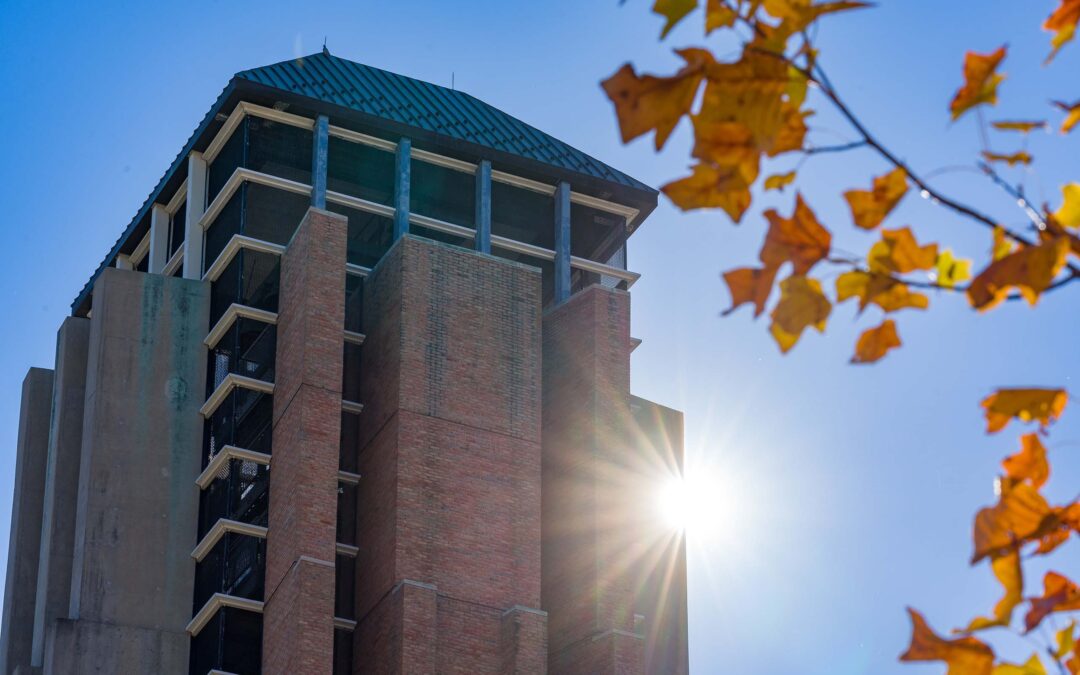 The sun peeks out next to the top of Lurie Tower, surrounded by a blue sky and orange fall leaves.