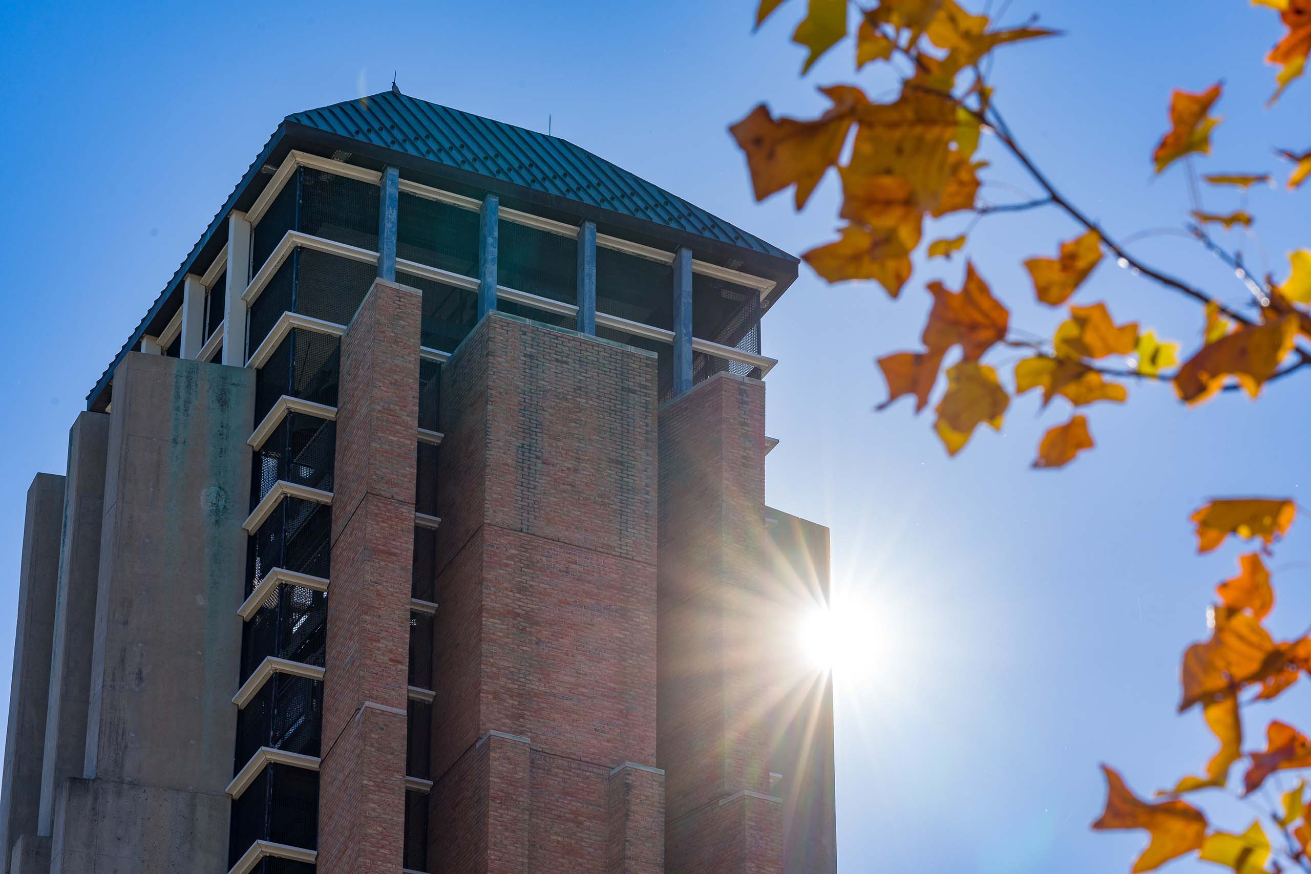 The sun peeks out next to the top of Lurie Tower, surrounded by a blue sky and orange fall leaves.