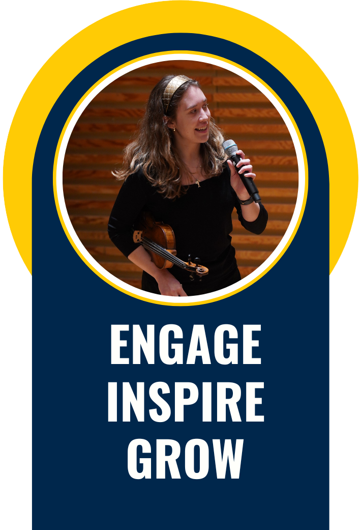 Maize and blue graphic with a student speaking in to a microphone, and the words: Engage, Inspire, Grow.