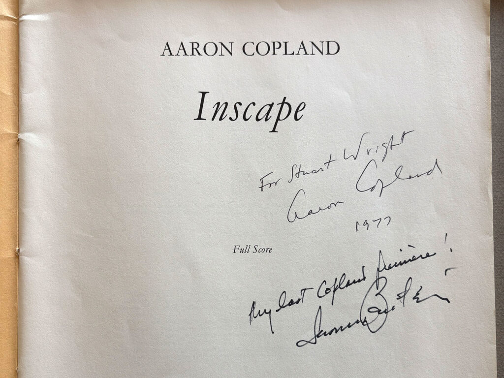 Part of the title page of Aaron Copland's score for Inscape, featuring two signature inscriptions dated 1977.