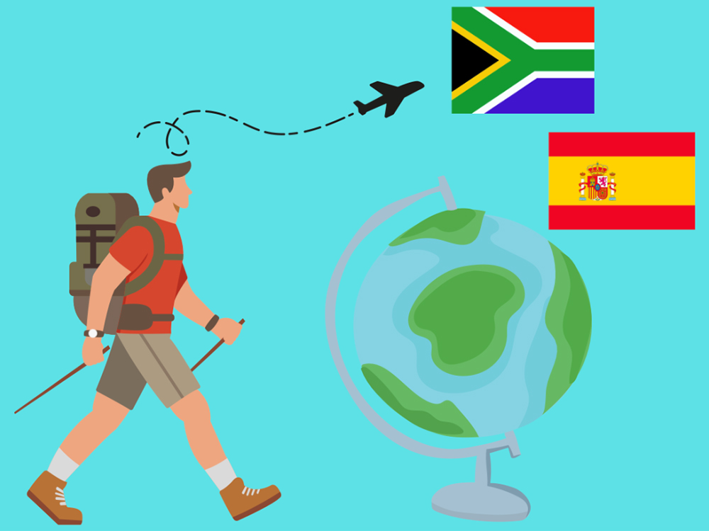 The image displays a man carrying a backpack walking towards flags of South Africa and Spain, a globe, and an airplane in flight.