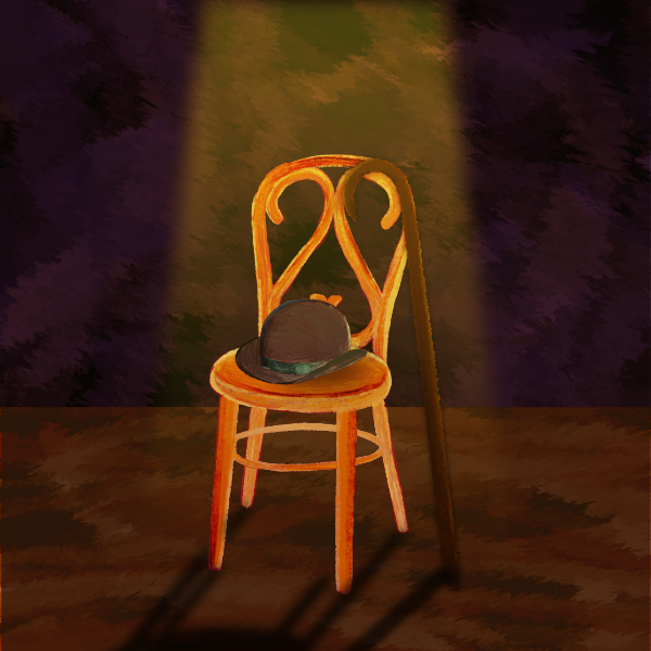 Illustration of a chair on a lighted stage, with a top hat and cane.