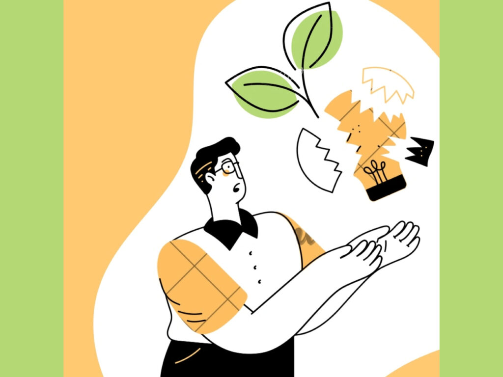 The image shows someone holding a broken lightbulb that has stems growing out of it.